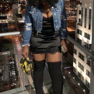 Sexy Black Satin Lace Trim Dress